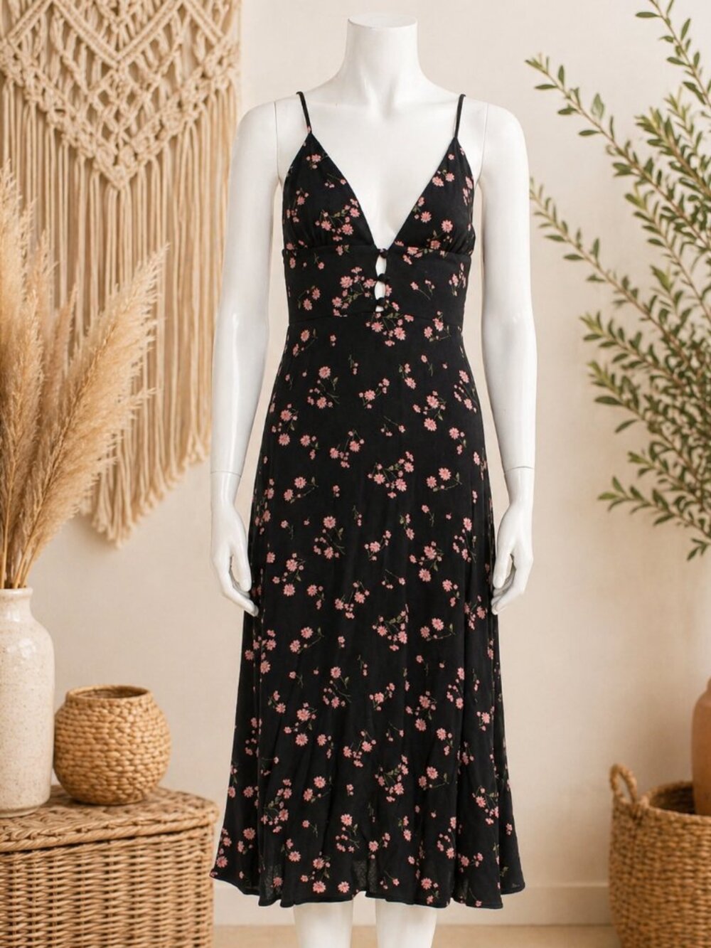 Reformation Montague Midi Dress Ensenada Black Pink Floral Size 4